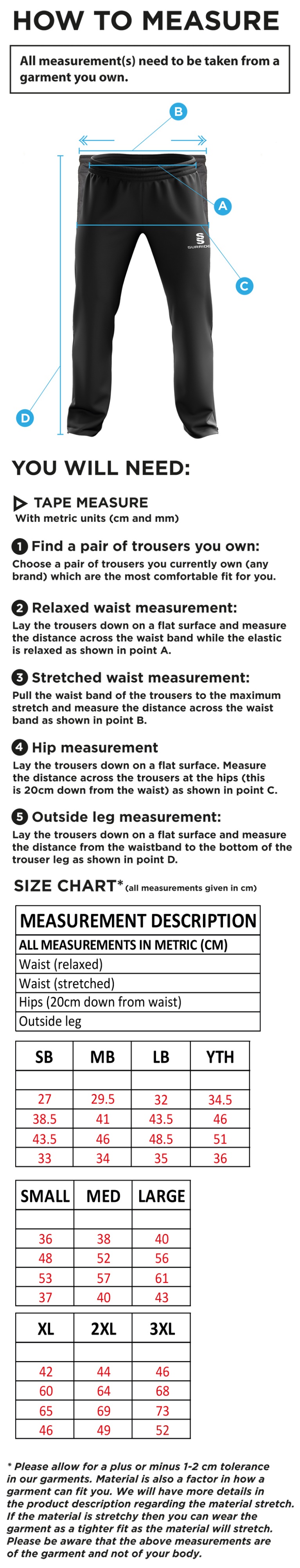 LEEDS CITY COUNCIL Rip Stop Track PantS - Size Guide