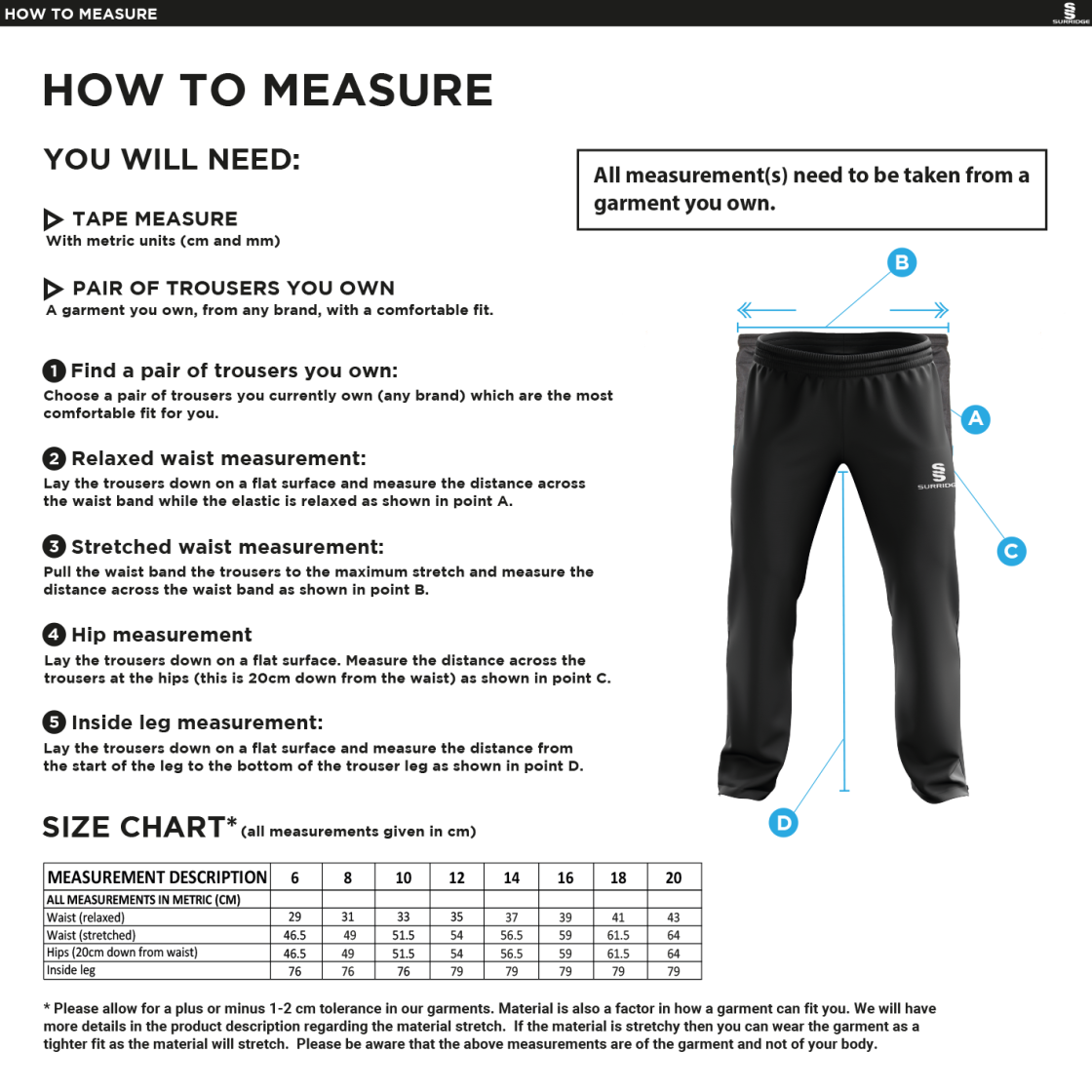 Leeds City Council Women's Ripstop Track PantS - Size Guide