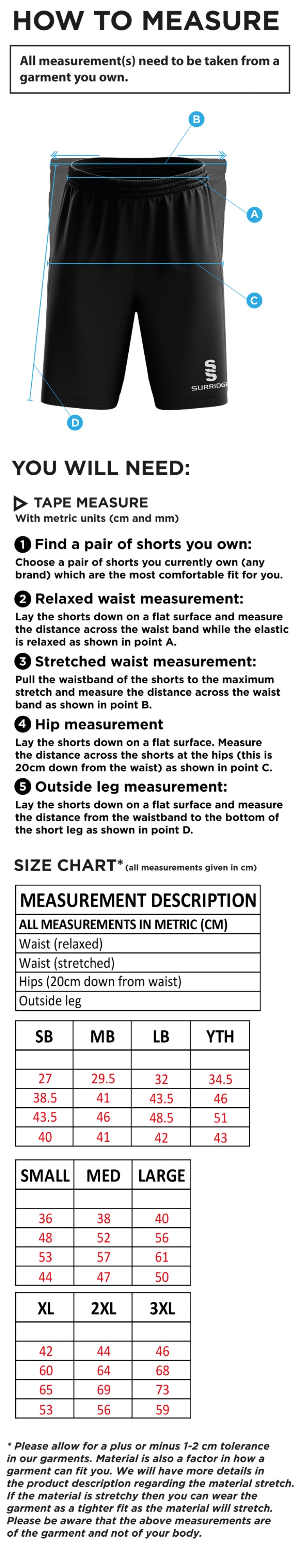 Leeds City Council Ripstop Pocketed Shorts - Size Guide