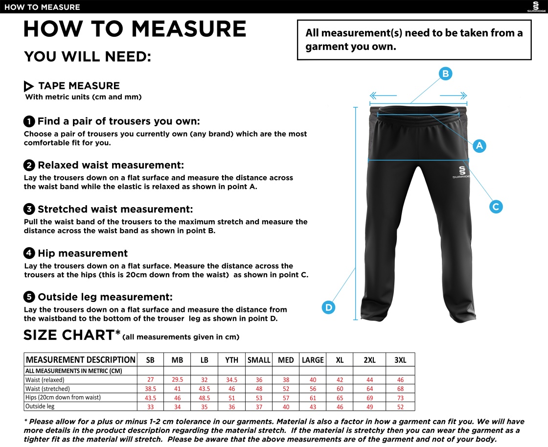 LEEDS CITY COUNCIL Rip Stop Track PantS - Size Guide